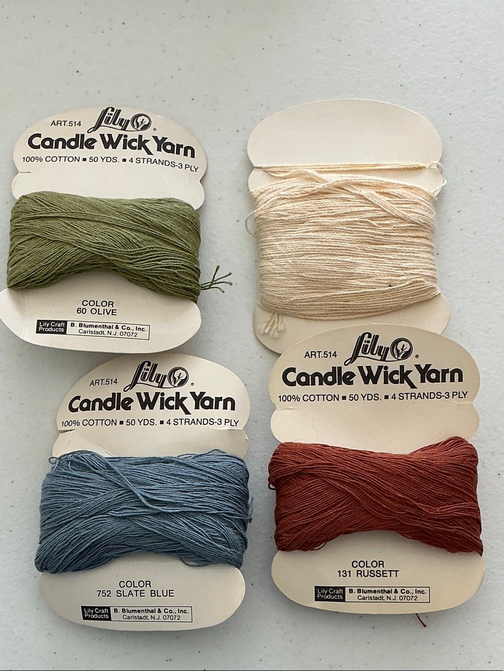 Lily Candle Wick Yarn - Olive, Cream, Slate Blue, Russett